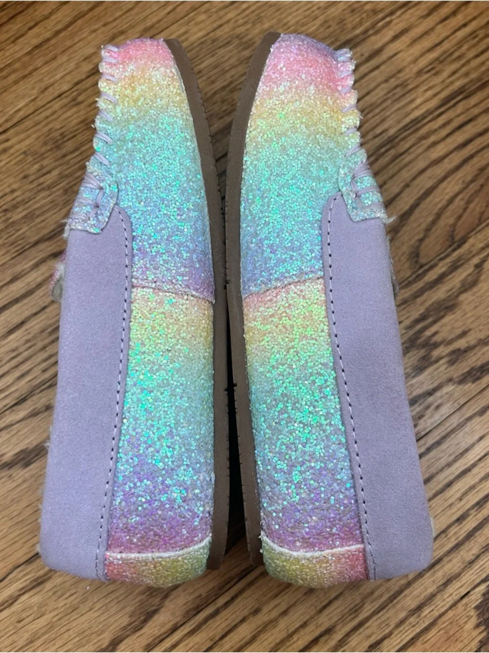 LAND’S END Kid’s Fuzzy Lined Rainbow Shimmer Moccasin Slippers Size 13